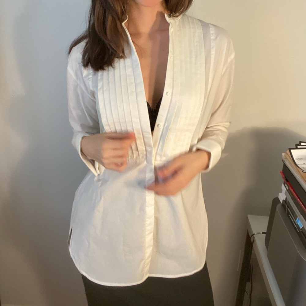 Oversized White Button Down With Pleated Lapel - image 2